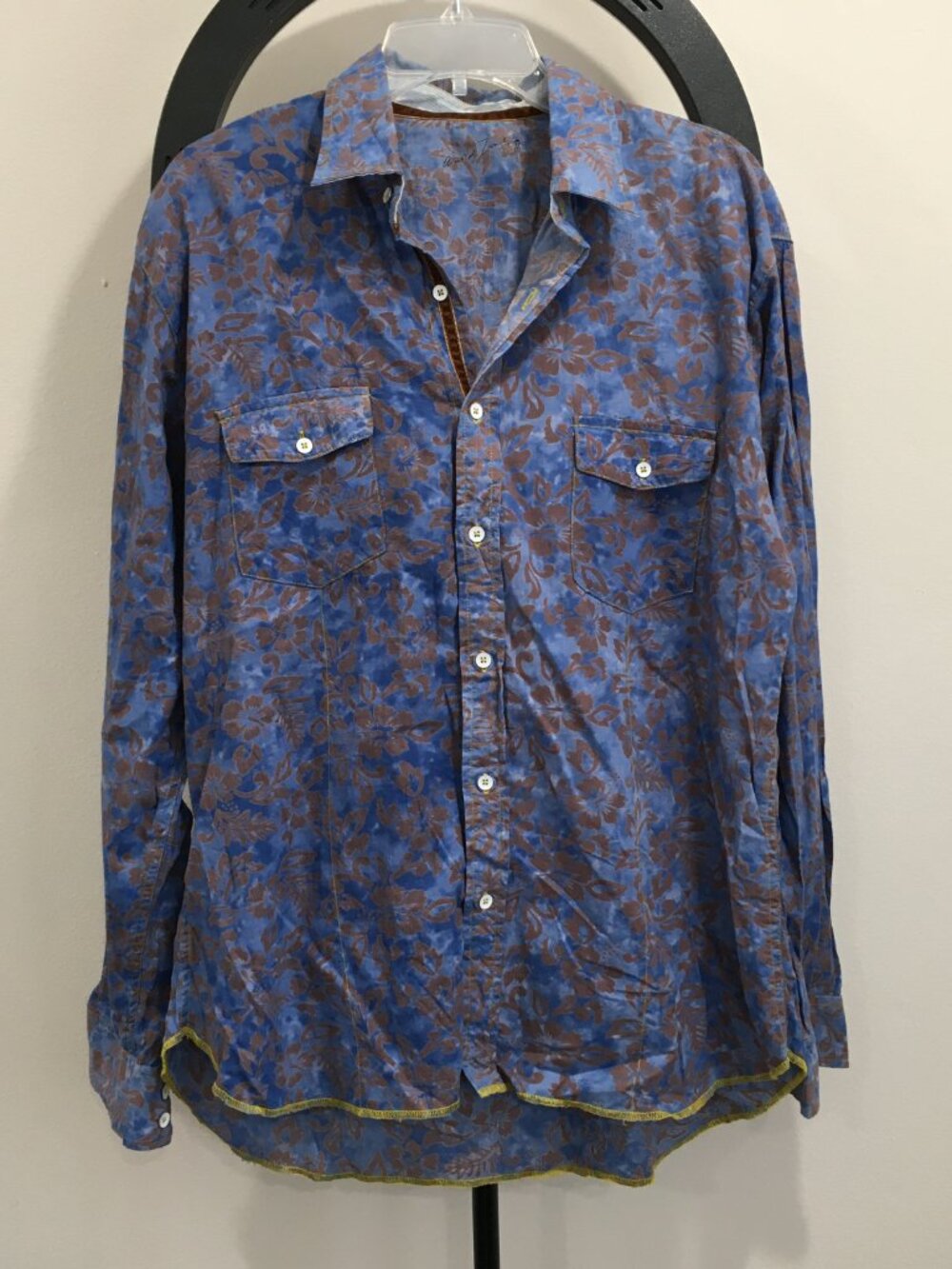 ARNOLD ZIMBERG Blue White Tie Dye Brown Floral Print Long Sleeve Button Shirt